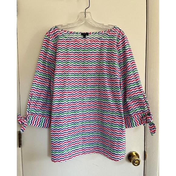Talbots Multicolor Striped Pullover Blouse Cotton Cuffs Tie Summer Shirt, Size L - Picture 1 of 8